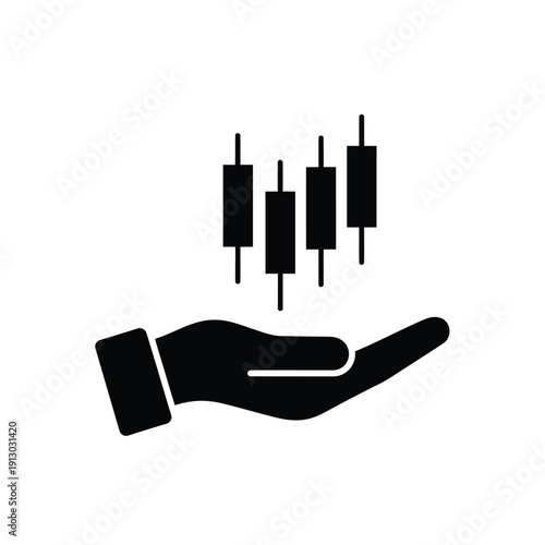 Vector illustration icon hand holding candlestick chart icons, financial data analysis, investment growth concept