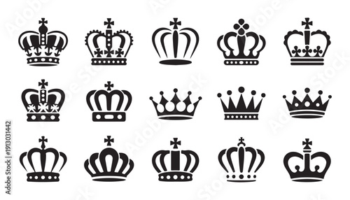 Set of black royal crown icons for king queen and princess characters in flat vector graphic format