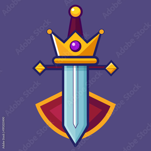 A cartoon illustration of a golden crown atop a silver sword and shield