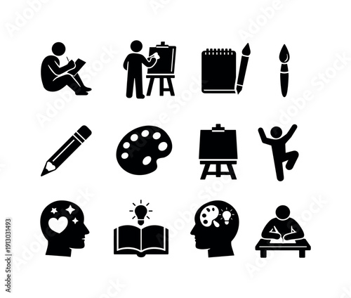 Artistic Expression Icons. A person drawing or painting as a form of self-expression and learning. Solid icon set of a person drawing or painting as a form of