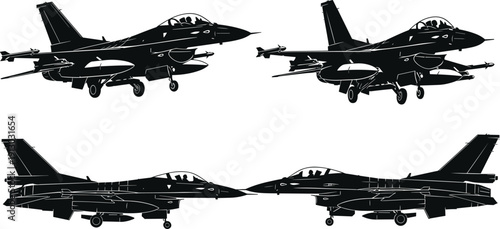 Modern fighter jet aircraft silhouette set with military aviation combat plane vector illustration collection isolated design