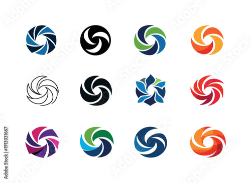    Dynamic composition. Icon set. Set Logo of Dynamic composition: swirling abstract forms. harmonious logo variations of the same emblematic