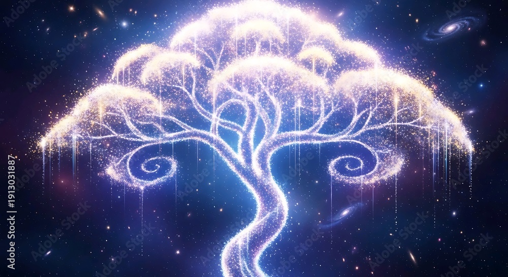 Obraz premium Glowing cosmic tree formed by sparkling stardust standing against deep space galaxy background. Fantasy concept