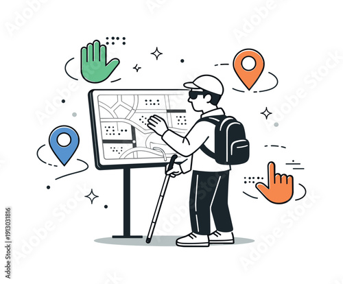 Tactile map guidance system. A pedestrian exploring a tactile urban map panel with Braille and path textures, abstract floating icons of