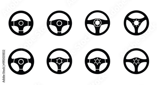 Collection of steering wheels in black and white various designs shown