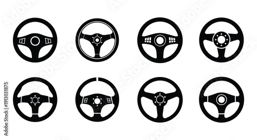 Collection of steering wheels in black and white various designs shown
