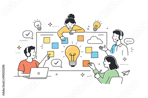 Creative Collaboration Flow. Online brainstorming session. A group adding ideas to a virtual whiteboard, sticky notes and lightbulb icons floating, creative