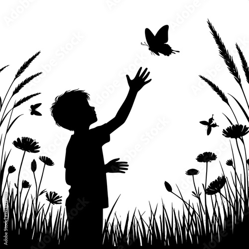 Black and White Vector Silhouette of a Boy Catching a Butterfly