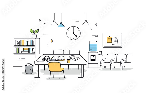 Empty but familiar public space. A library, station, or waiting room shown moments after people leave. Calm stillness with subtle signs of