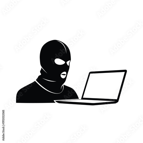 Vector illustration icon black silhouette of a masked hacker using a laptop