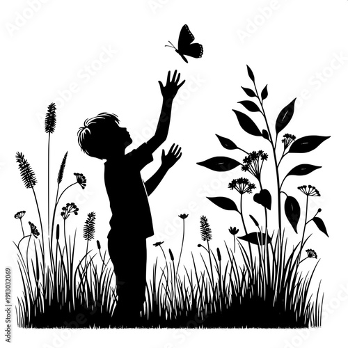 Black and White Vector Silhouette of a Boy Catching a Butterfly