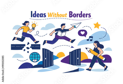   Ideas without borders. Words and symbols crossing lines freely, barriers dissolving into