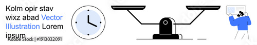Time management, productivity, balance, decision making, presentations, data analysis. Clock, weighing scale and figure with board. Time management and productivity in business and education