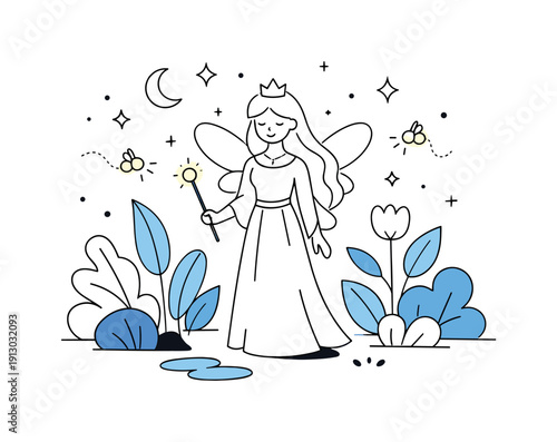 Magical night scene. A calm fairy queen standing among abstract plants while fireflies illuminate the space, creating a dreamy and peaceful