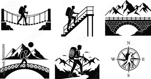 Mountain hiking adventure silhouette set with backpacker bridge stairs compass and landscape vector illustration collection