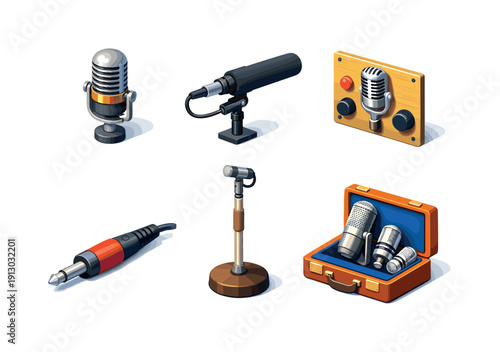 Vintage Audio Icons. Vintage audio gear. Isometric flat vector icons set of vintage audio gear: studio ribbon mic, old-school boom mic, engraved mic panel, mic