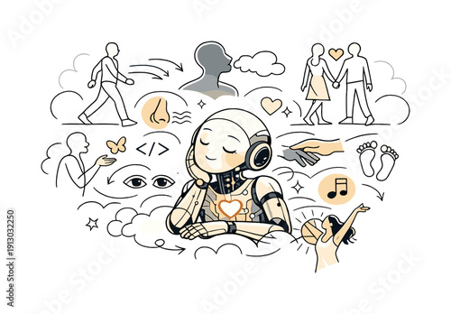   Dreams of humanity. An AI floats between code and reality, dreaming of walking, touching,