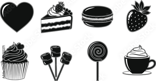 Sweet dessert and candy silhouette icon set with cake cupcake macaron strawberry coffee vector illustration collection