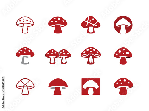    Fly agaric. Icon set. Set Logo of Fly agaric: red mushroom cap with white spots. harmonious logo variations of the same emblematic concept,