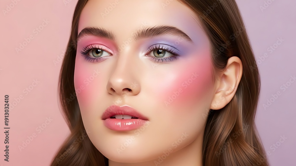 Fototapeta premium A young woman with artistic pink and purple eyeshadow and blush, showcasing vibrant and creative makeup.