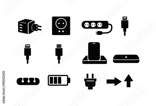 Wallpaper Mural Device charging setup. Solid icon set of Device charging setup: multi port charger, wall socket, power strip, USB C cable, lightning cable, Torontodigital.ca