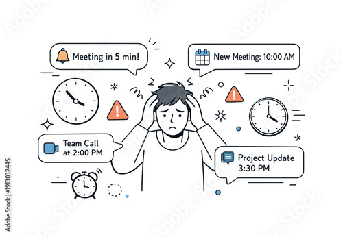    Calendar overbooking stress moments. A person receiving multiple meeting notifications at once, surrounded by small alert bubbles and clock