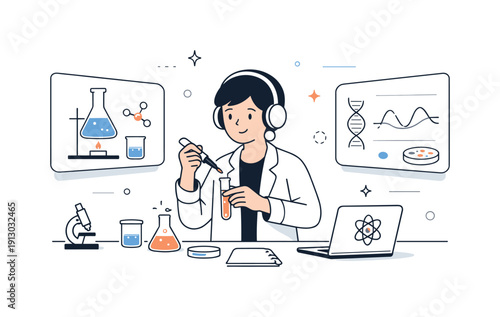 Virtual labs and simulations. A student conducting a science experiment in a virtual lab environment, safe and focused. Abstract screens and