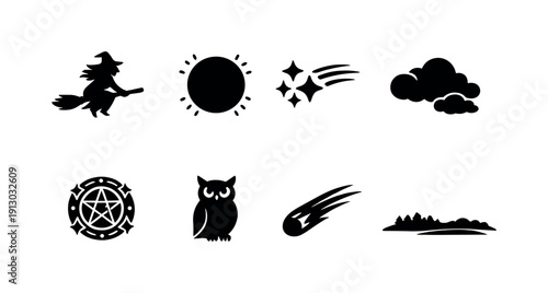   Halloween moon flight. Filled icon set of Halloween moon flight: witch on broom, glowing