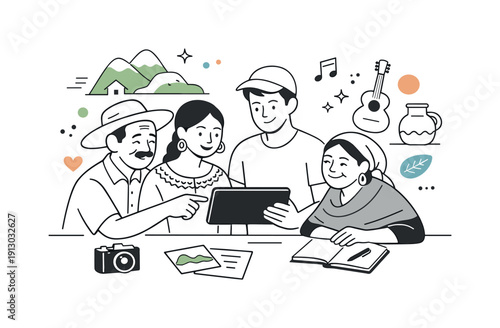 Community-based cultural research. Small rural group reviewing photos and notes together on a tablet. Calm collaboration and shared pride in