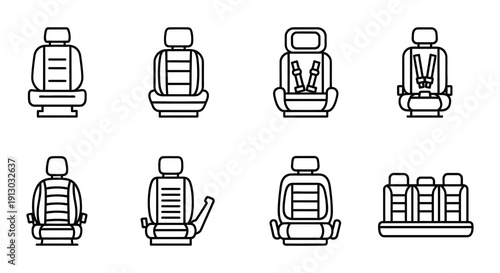 Line art illustration of various car seats and safety options
