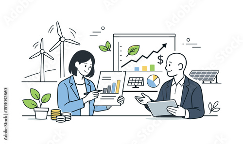 Renewable energy investments. Investors reviewing clean energy charts with wind turbines and solar panels visible in the background. Calm,