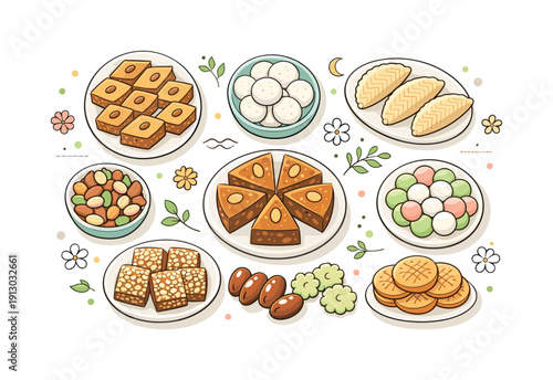Nowruz traditional sweets flatlays. A clean top-down composition of assorted traditional sweets arranged neatly on a white surface. Festive