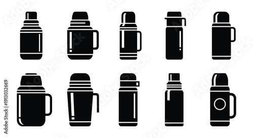 Collection of black silhouette thermos flasks in various designs and shapes