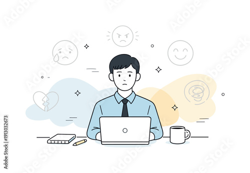 Emotionally Neutral Workplace. Emotional neutrality expectation. A calm editorial scene showing an employee maintaining a neutral expression while emotion