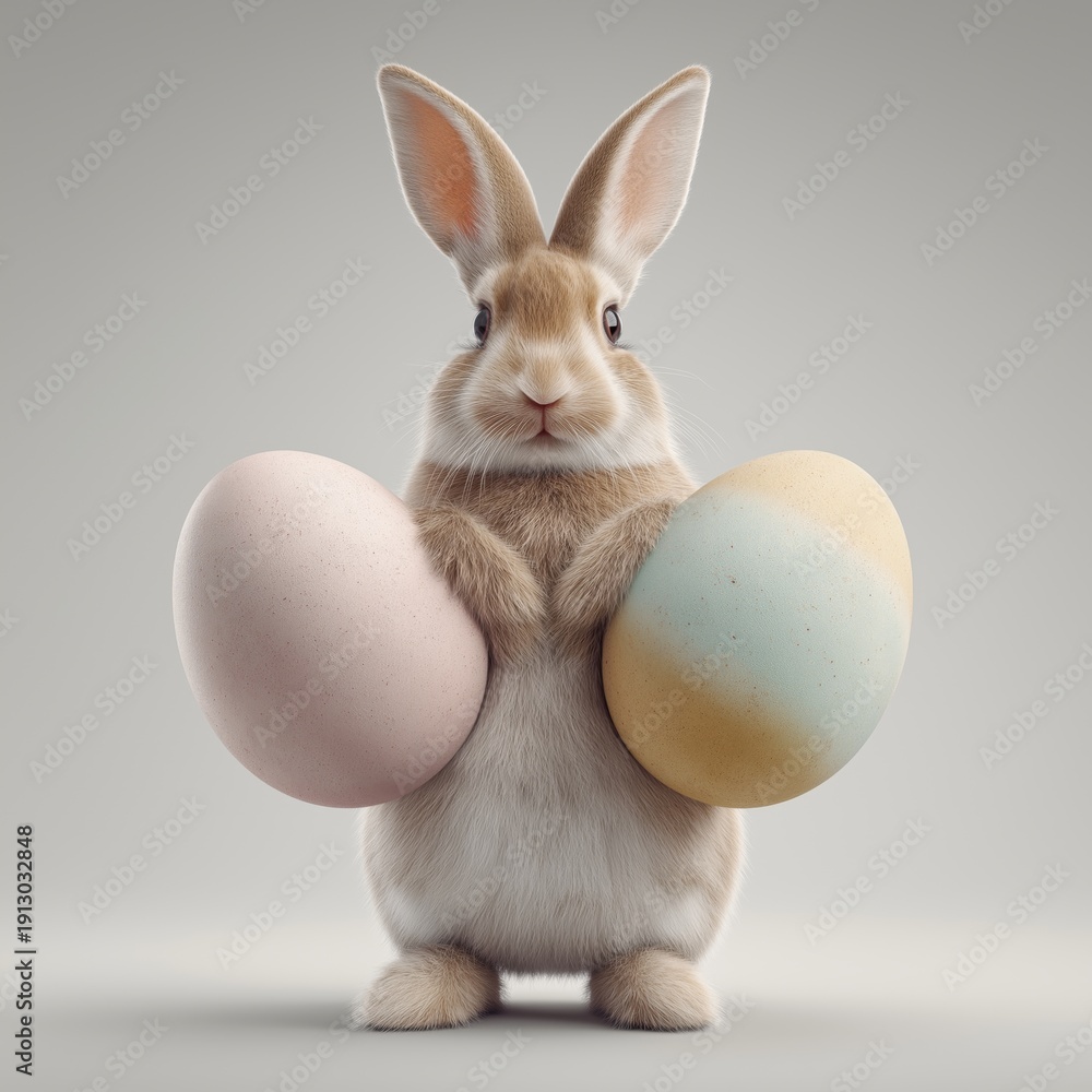 Obraz premium Rabbit holding pastel Easter eggs standing upright. Easter greeting card. Rabbit standing upright holding two large pastel eggs, symbolizing Easter and spring