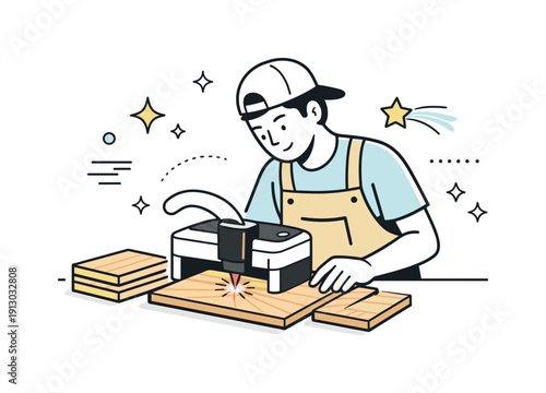    Artisan woodworking with laser cutter. A person using a small laser cutter on wood panels, abstract stars and lines floating to emphasize