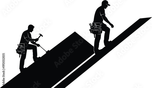 Construction workers silhouettes, roofing labor, sloped roof, tool belts, hammering nails, teamwork, repair illustration, building maintenance, manual labor, vector art