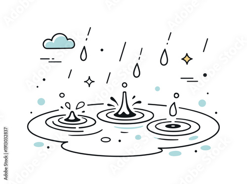    Rain showers and puddles. Close-up scene of raindrops falling into a puddle, creating circular waves. Quiet atmospheric moment with abstract