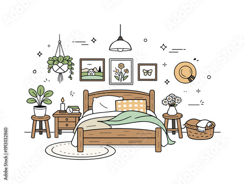 Cottagecore bedroom interior. A small bedroom with a wooden bed, soft textiles, plants, and framed art on the wall. Quiet morning atmosphere,