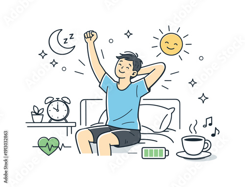 The science of sleep and its impact on health. A person waking up refreshed, stretching beside the bed with gentle morning symbols nearby.