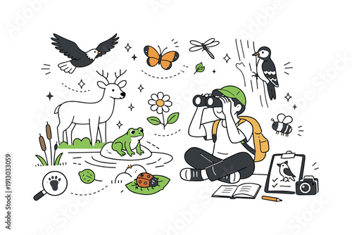 Biodiversity observation. A clean editorial illustration of different animals, insects, and plants being observed and documented by a student