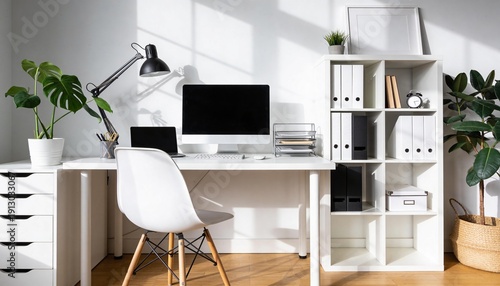 Minimal white workspace, modern desk setup, soft shadows, bright natural light, clean business background, stock photo style, unique composition, different layout, creative perspective