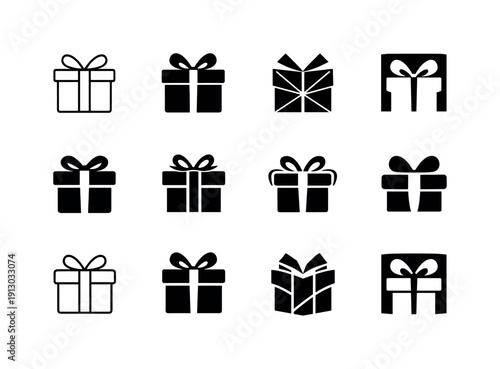    Greeting with a gift. Icon set. Set Logo of greeting with a gift: wrapped present with ribbon. harmonious logo variations of the same
