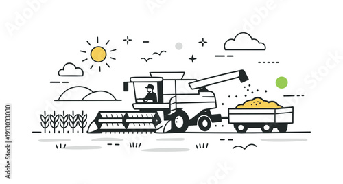 Agricultural machinery. Combine harvester collecting crops in a simplified field scene, smooth movement and organized process. Calm