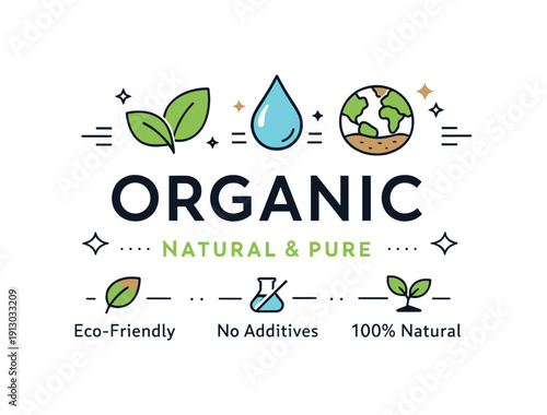Organic product label. Clean label layout featuring icons of leaves, water, and earth, suggesting natural ingredients. Fresh and trustworthy