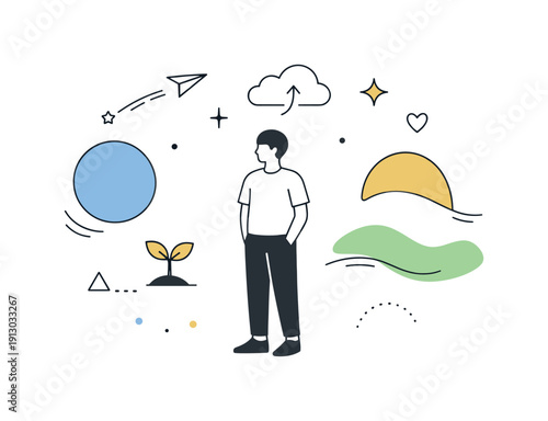 Life transitions. Abstract shapes gently shifting position around a standing character, representing change and growth. The mood feels soft,