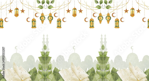 Elegant Ramadan background with lanterns and mosque silhouettes