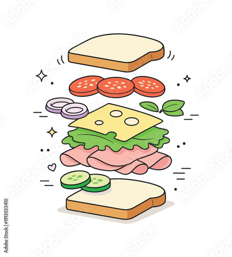 Assembling a Sandwich. Fresh ingredients concept. A sandwich coming together step by step as vegetables and cheese are neatly arranged, creating a calm and