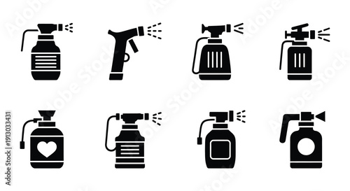 Various spray bottles depicted in a black and white icon set