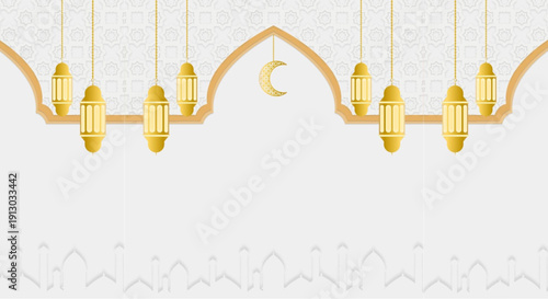 Elegant Islamic lanterns and crescent moon decoration for Ramadan